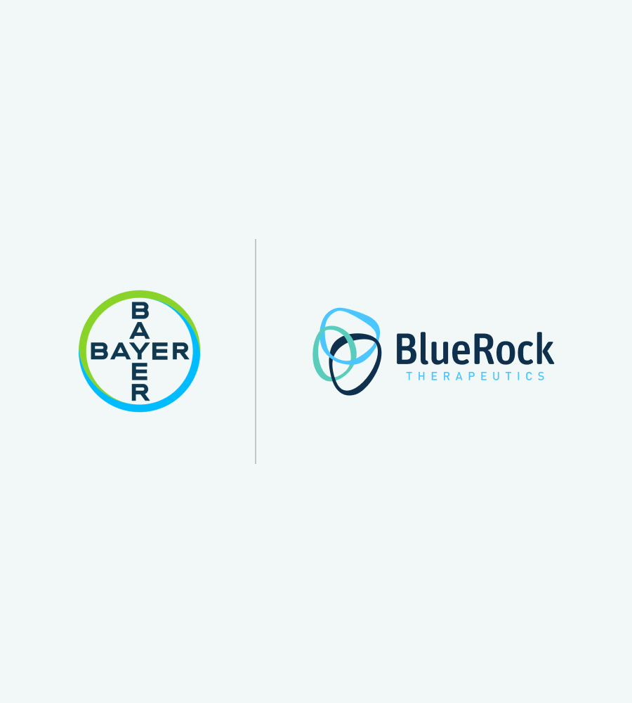 Bayer and BlueRock Therapeutics logos side by side on a light blue background