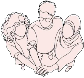 Three people standing side by side with their hands together