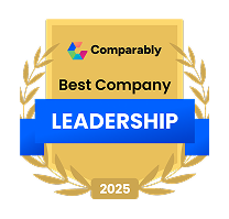 Award-style graphic with 'Best Company Leadership' 2025 text
